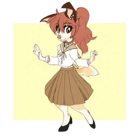 Dan1ka,1girl,solo,furry,furry female,dog girl,dog ears,brown hair,ponytail,long hair,hair between eyes,brown eyes,snout,animal nose,collar,body fur,dog tail, , hair ornament, flower earrings, long sleeves, white shirt, brown sailor collar, neck ribbon, brown skirt, pleated skirt, back ribbon, black footwear, flats, high heels, full body, classroom