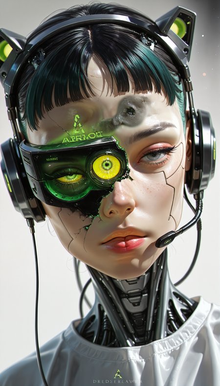 ((seductive, realistic, 3D, pinup, pinup_\(style\), science fiction, cyberpunk, portrait, cowboy_shot, blurry, bokeh, best quality, dutch angle, depth of field))
((Dre4mingDe4th, 1girl, (((solo, solo_focus))), long_hair, looking_at_viewer, short_hair, bangs, blue_eyes, simple_background, black_hair, photoshop_(medium), shirt, original, green_eyes, closed_mouth, yellow_eyes, upper_body, white_shirt, parted_lips, official_art, water, character_name, black_eyes, grey_background, closed_mouth, blurry, lips, english_text, grey_eyes, gradient_background, looking_to_the_side, eyelashes,  makeup, headgear, headphones, glowing, depth_of_field, watermark, colored_skin, expressionless, blurry_background, half-closed_eyes, lipstick, thick_eyebrows, pale_skin, black_background, close-up, portrait, facing_viewer, androgynous, headset, machinery, forehead, reflection, eyeshadow, freckles, science_fiction, serious, veins, pink_lips, realistic, nose, robot, android, logo, red_lips, cable, chromatic_aberration, very_short_hair, one-eyed, 3d, cyborg, broken, x-ray, dirty, damaged, crack, concept_art, half-closed_eye, head-mounted_display, straight-on, wire, cyberpunk, dirty_face, mechanical_parts, photo-referenced, ghost_in_the_shell, humanoid_robot))