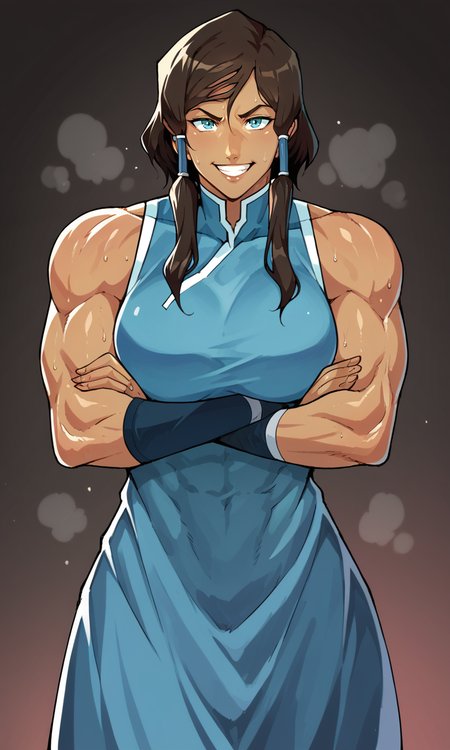score_9_up, score_8_up, score_7_up BREAK,  <lora:Cirenk_Style:1> (perfect anatomy), cirenk, cirenk style, anime, anime style, korra, legend of korra, crossed arms, smiling, sweat, muscular, tall, looking at viewer, dark background, dynamic angle, female