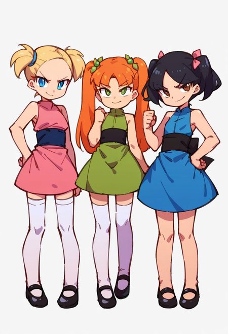 score_9, score_8_up, score_7_up, source_anime,
blossom (ppg), bubbles (ppg), buttercup (ppg), 3girls, alternate legwear, bare shoulders, black footwear, black hair, black sash, blonde hair, blue dress, blue eyes, brown eyes, clenched hand, closed mouth, dress, flat chest, green dress, green eyes, hair ornament, hand on own hip, hand up, legs apart, long hair, looking at viewer, mary janes, multiple girls, orange hair, parted bangs, pigeon-toed, pink dress, sash, shoes, short dress, short hair, short twintails, simple background, sketch, sleeveless, sleeveless dress, smile, smirk, standing, thighhighs, twintails, very long hair, white background, white thighhighs, zettai ryouiki