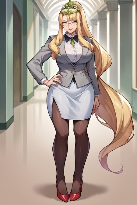 score_9, score_8_up, score_7_up, score_6_up, source_anime, BREAK 1girl, mature female <lora:feeve-pdxl-nvwls-v1-000004:1> feeve, very long hair, tiara, hair flower, large breasts, grey jacket, suit jacket, formal, black pencil skirt, contrapposto, hand on hip, red shoes, high heels, looking at viewer, lipstick, glasses, smug, whole body, pantyhose, hallway