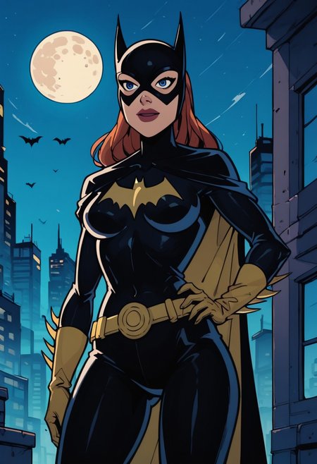commix style, zPDXL3, PnyCmicXLPOS, detailxl, cowboy shot, from below, perspective, solo, (1girl), woman, (kj_batgirl), bat ears, mask, blue eyes, lipstick, black bodysuit, medium breast, black cape, yellow gloves, yellow belt, superhero, age 25, happy, hand on own hip, perfect quality, perfect eyes, detailed lips, (long legs, thigh gap), night, outdoors, roof top, city skyline, full moon, depth of field