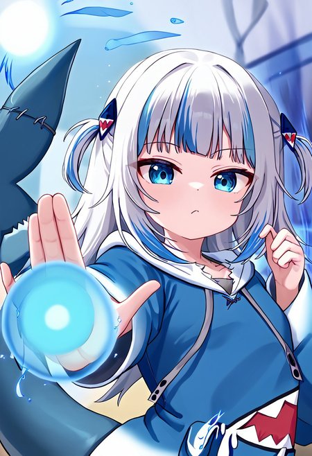 (masterpiece), best quality, perfect face, 1 girl, b1gb4ng, looking at viewer, upper body,hand out, energy ball in hand, aura, close up, gawr gura, blue hoodie, two side up, shark hair ornament, shark tail