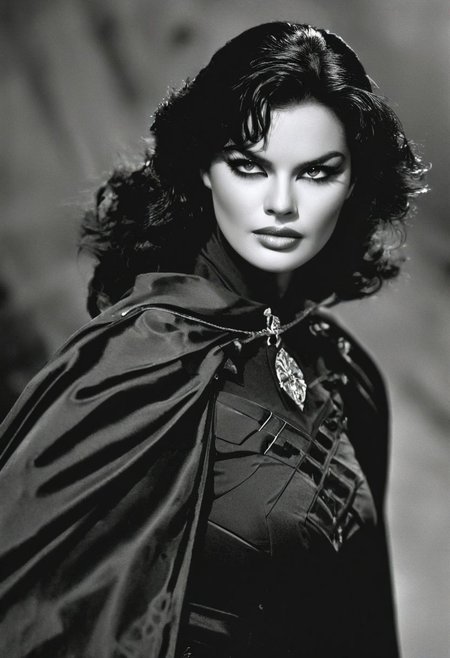 Adorned in a mask and cape reminiscent of D'Artagnan's era, a skilled Zorro busty swordswoman looking serious to viewer, her eyes gleaming with triumph.