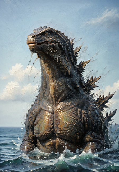 score_9, score_8_up, score_7_up, solo, portrait, giant dinosaur reptilian monster Godzilla, realistic scales, detailed scale texture, solo, outdoors, head surfacing from the ocean, partially submerged, wading through the water, solo, extremely detailed, Macro detailed realism style photograph, 3DMM, oil painting, traditional media, realistic,