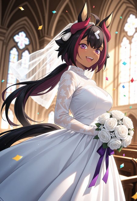 masterpiece,best quality,absurdres,highres,very aesthetic,high quality,detailed,insanely detailed,beautiful,perfect lighting, ,depth of field,blurry background,bokeh, looking at viewer, wedding dress, veil, church, (confetti:1.1), smile, open mouth, white dress, wedding dress), indoors, 
 <lora:Mill Wakaba illu:1> 1girl, dark skin, dark-skinned female animal ears, horse girl, horse tail, cross-shaped pupils, purple eyes, streaked hair, ahoge, multicolored hair, black hair, white hair, low ponytail,