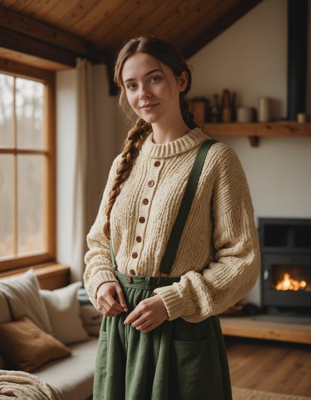 realistic photography of a woman in a cozy and wholesome cottagecore-inspired outfit, celebrating simplicity and nature