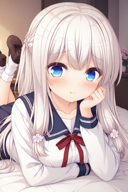 masterpiece,best quality,amazing quality,highres,scenery,newest,1girl,official style,yua,blue eyes,long hair,braid,bangs,white hair,yua school, hair ornament,  hair flower, flower, long sleeves, skirt, shirt,  white shirt,  collarbone, red ribbon, bow, white socks, loafers,<lora:pieces-yua-V2:1>,bedroom,bed,the pose,hand rest,:t,blush,shy,looking at viewer,