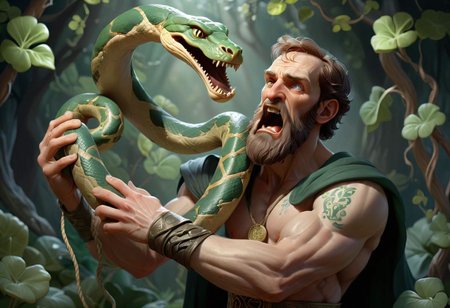 Saint Patrick wrestles with a huge snake, (((Celtic theme:1.2)))
He grabs the snake by the neck and trips up the snake neck, the snake is horrified and falls backward. Holding the serpent in his other hand. Masterpiece, ultra-realistic, ultra-detailed, concept art