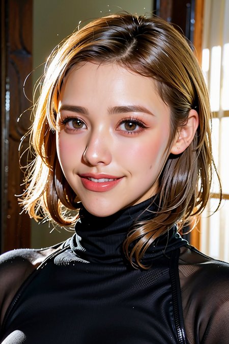<lora:miamalkova:1> miamalkova, a woman, (wearing turtleneck, face:1.4), smiling