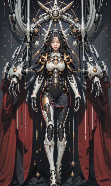 <lora:tarot_mecha:1>,1girl,mecha,full body,Tarot, red armor, star map,simple background,  <lora:animetarotV51:0.8>, <lora:techpriest:0.6>, mechanical arms, steampunk, hood, robe, techpriest, (masterpiece, best quality, high quality, highres, ultra-detailed),