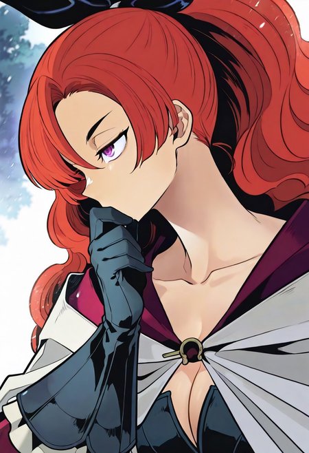amazing quality, white theme, masterwork, masterpiece, best quality, dynamic pose, dynamic angle, (lineless:1.2), detailed,, depth of field, blurry, cheekbones, dynamic lighting, high detail, 8k, 
bamirade, 1girl, solo, purple eyes, red hair, very long hair, ponytail, wavy hair, hair bow, bangs, black gloves, cape, collarbone, cleavage, thighhighs, boots, dress, high heels, armor,
epic scene, dim lighting, glowing theme, wind, outdoors, dim light, strong will, still, half closed eyes, pensive, light particles, half close up, looking away, side view, pastel colors, portrait, upper body, sfw