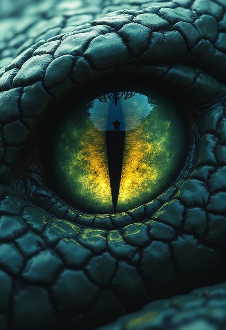 "A hyper-detailed focus on the eye of an enormous abyssal serpent, its pupil a vertical slit surrounded by a swirling galaxy of colors—blacks, iridescent greens, and hints of sickly yellow. The scales around the eye are cracked and ancient, each one shining with a dull, oily sheen. Reflected in the serpent’s eye is the figure of a lone, tiny adventurer, frozen in terror. The style is hyper-realistic, with intense texture on the serpent’s scales, and the colors are dark, iridescent, with a metallic sheen, creating an otherworldly and unsettling atmosphere."