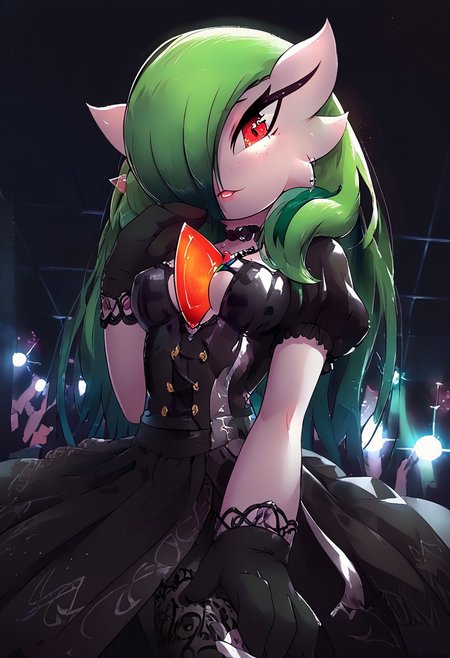 (((gardevoir))), female, furry, (long green hair), pale skin, (score_9, score_8_up, score_7_up), 20 year old, long green hair,  idol dress, perky breasts, hair over breasts, long hair, pretty face, looking at viewer, red eyes, vivid eyes, EGirlMakeup, light freckles, idol outfit, singing, on the stage, volumetric lighting, vivid colours,  g0thicPXL, face focus, Rilex Lenov Art style