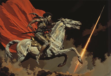 A valiant warrior on the back of a majestic white stallion, captured mid-charge in a dramatic oil painting that masterfully blends classical and modern elements. The young man's muscular form is adorned in gleaming golden armor, meticulously detailed with regal patterns that reflect his unyielding spirit. His curly dark hair is swept back by the wind, while his intense gaze is locked on the terrifying xenomorph from the Alien universe that rears before them, its elongated, biomechanical limbs poised to strike. The warrior's firm grip on the reins with his left hand and the spear plunging into the creature's exoskeleton with his right conveys a sense of unbridled courage and imminent victory. The red cloak billows out in the chaos, a vibrant splash of color against the stormy backdrop of tempestuous clouds that swirl with a brooding intensity. An unexpected chrome line slices through the scene diagonally, partially obscuring the hero's face and adding a surreal twist to the timeless battle. This intricate blend of historical grandeur and futuristic horror invokes the legend of Saint George facing his dragon, reimagined with a cinematic flair. The painting's textures—from the smooth, gleaming armor to the horse's powerful muscles and the xenomorph's grotesque form—are rendered with a realism that brings the ancient struggle to life, while the stark contrast of light and shadow enhances the atmosphere of valor and urgency.