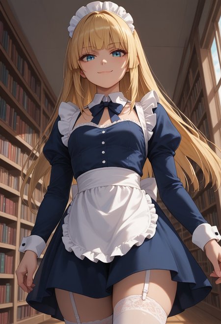 (score_9, score_8_up, score_7_up), 1girl, solo,blonde hair, blue eyes, long hair, hime cut, long bangs, small breasts, maid dress, white stockings, garter straps,
(face focus:1.1),  walking towards viewer, cowboy shot,library, private study, sunset,, thighs, wide hips,
(hands, dutch angle:1.2), 
smug,
