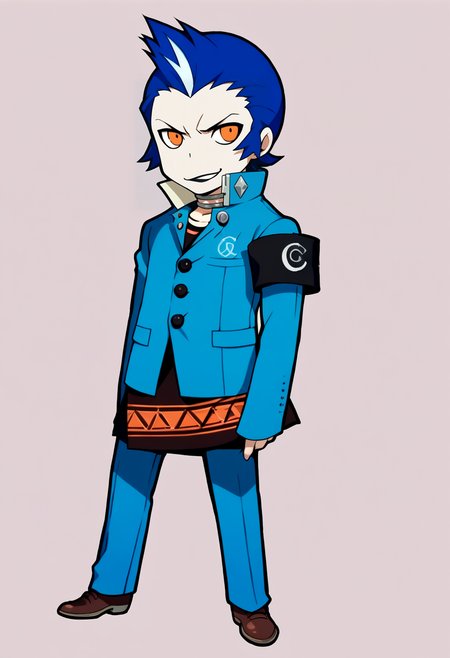 score_9, score_8_up, score_7_up, source_anime, BREAK, solo, 1boy, looking at viewer, smirk, <lora:PQ-Style-pdxl_Fp:1>, simple background, full body, chibi, standing, <lora:Eikichi-pdxl_Fp:1>, eikichi, short hair, orange eyes, blue hair, white hair, multicolored hair, pale skin, black lips, choker, school uniform, blue jacket, black shirt, blue pants, armband,