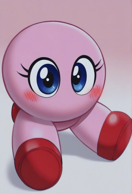 (1girl, solo, , , hkwarrior, TenMic10, LongKirby, dark blue eyes, pink body, blush, red shoes:1.3),zPDXL3,SimplePositiveXLv2, detail1eye, looking at viewer