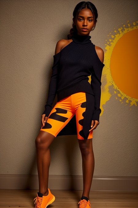 <lora:LCM_LoRA_Weights_SD15:1>,A 25yo old Woman <lora:skin_tone_slider_v1:4>,(wears a create powerful and varying colors patterns Orange and Black,bike shorts,b1k3r5h0rt5,navel, (Cold-shoulder knitted sweater with a mock neck.),shoes),<lora:b1k3r5h0rt5-v3:0.7>,action Sinister doll factory,Lying down on stomach with head propped up on hands,(full body:1.4),(full shot:1.4),(full body shot:1.4),,,, (highly detailed skin with hairs:1.1),(detailed skin:1.1),detailed face,(detailed eyes:1.1),very high intricate detailing,sharp focus,Masterpiece,best quality,photo,realistic,very aesthetic,