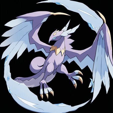<lora:pokemon_pony_xl:1>, watercolor creature art like pokemon, Type: Normal, Type: Ice, Egg Group: Water 2, is a pokemon creature that A dance that stirs the air, creating patterns of light and shadow that tell ancient tales,A mane that flows like water, shimmering with the light of a thousand suns,Its tail is bifurcated, with each end featuring a Yellow tuft that is used in sensory perception and communication,Talons sheathed in a Purple glow, weapons forged by evolution and honed by the struggle for survival,The Pokémon's jaw can unhinge, allowing it to swallow items much larger than its head score_9, score_8_up, score_7_up, score_6_up, score_5_up, score_4_up.  Simple black background, (Masterpiece:1.3) (best quality:1.2) (high quality:1.1)