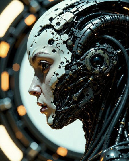 RAW Photograph, 8K resolution, Collective Consciousness Quarterly theoretical illustration, large format film-still aesthetic, ultra-fine grain, cinematic quality, hyperrealistic biomechanical and metallic textures, HDR, ethereal yet menacing close-up photography style, slightly low angle composition, razor-sharp focus on eyes, cool, integrated lighting.
A transcendent Dark Queen 1girl Articyborg — an advanced cyber-organic entity and evolved leader of a Borg-derived species — her solid black eyes devoid of visible emotion, silently computing vast data matrices. Her form is a seamless convergence of pale post-human anatomy and baroque, crystalline biomechanical structures, far more elegant and alien than traditional Borg constructs.
Suspended within a gleaming, node-like alcove deep inside a vast, symmetrical Articyborg Unimatrix, her body is partially fused with pulsating conduits and fractalized neural arrays, integrated into the consciousness core.
Instructions: Capture an ethereal yet chillingly powerful close-up, emphasizing her unnerving jet-black eyes and the texture of her hyper-detailed biomechanical integration. Surround her with intricate out-of-focus technological latticework and holographic data streams. Convey a mood of flawless post-organic intelligence, omnipresent awareness, and terrifying beauty — a Queen of convergence, not cruelty.
Style Reference: Inspired by the Borg Queen, H.R. Giger, high-detail biomechanical elegance, AI singularity, and the haunting precision of macro photography. Emphasize themes of post-individuality, elegance through control, and a transcendent new species beyond flesh or code.
Camera Settings: Simulated 8x10 View Camera, 210mm lens equivalent, ISO 100, f/5.6, 1/60s. Use simulated cool integrated lighting from surrounding tech; apply extremely shallow depth of field, focused critically on her black eyes and facial biomech interface.