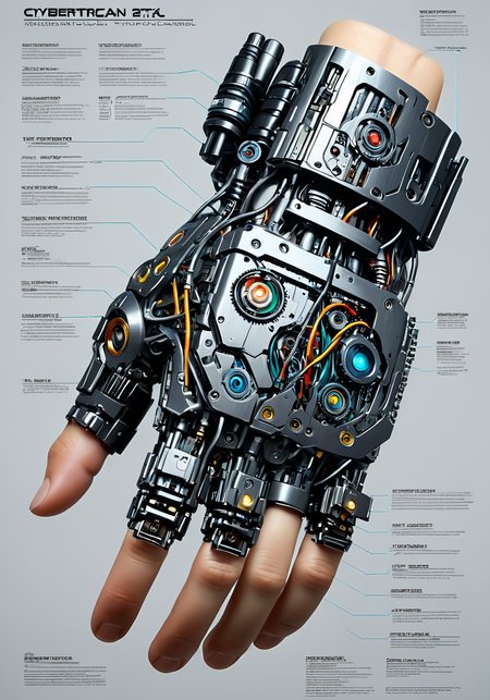 a diagram of a cybernetic hand, <lora:excybertechsdxl:0.6>, excybertechsdxl, best quality, masterpiece, mechanical parts, detailed, intricate, 5 fingers,