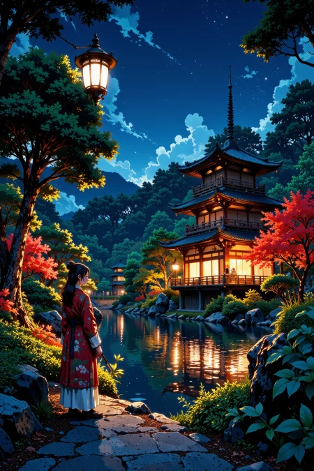 Garden inside Ancient Kyoto beautiful  landscape, bright luminous night, woman, very intricate, very detailed, sharp, bright, colorful, <lora:Hand v2:0.5> <lora:Anti-Blur:1><lora:Insane Detail Slider:0.25>  <lora:flux.1_lora_flyway_Epic-detail_v2:0.3> <lora:fluxenhancer:0.25> <lora:ROWER:0.6> <lora:flux-charmer-v1-1:0.4><lora:Vibrantly_Sharp_style_v.5:0.4> <lora:realanime:1>