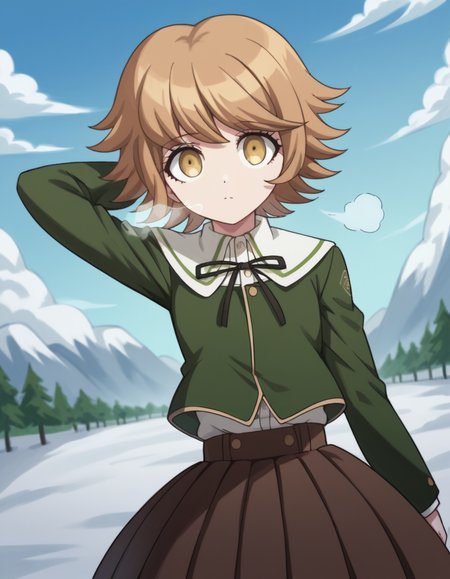 score_9, score_8_up, score_7_up, source_anime, <lora:chihiro-fujisaki-s1-ponyxl-lora-nochekaiser:1>, chihiro fujisaki, short hair, bangs, brown hair, brown eyes, male focus, otoko no ko,, skirt, shirt, long sleeves, ribbon, school uniform, jacket, pleated skirt, black ribbon, neck ribbon, brown skirt, green jacket,, snow day, winter clothes, snowball fight, laughter, cold breath, white landscape, , looking at viewer, hand behind head, solo,, cowboy shot, dutch angle