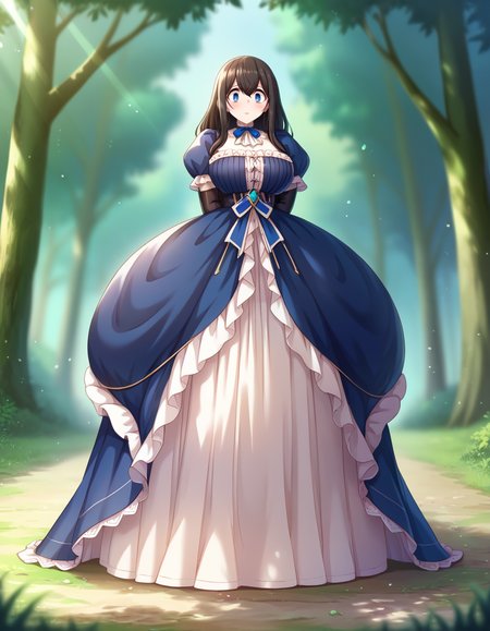 <lora:SagisawaFumika_pony_v1:1>score_9, score_8_up, score_7_up, score_6_up, score_5_up, score_4_up, solo, 1girl, source_anime, cel shading, cute, masterpiece, best quality, southern belle, long dress, layered dress, very dark blue dress, victorian boots,  very long gloves, black gloves, sgswfmk, long hair, brown hair, black hair, bangs, hair between eyes, blue eyes, (gigantic breasts), ((gigantic ass)), thick thighs, wide hips, (plump:1.1), curvy, voluptuous, shy, worried, arms behind back, dot mouth, blush, shocked, looking at viewer, surprised, constricted pupils, standing, full body, detailed background, forest, outdoors, depth of field, blurry background, atmospheric perspective