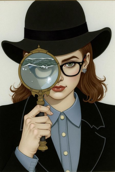 olgadugina1 illustration. 
Portrait of a female detective scowling into a magnifying glass. The glass is crystal clear, showing a water portal through the glass. The detective is wearing a pair of old fashion glasses, and a black suit that emanates her shadowy figure.  <lora:olgadugina2_cap_d6a3e9:1.0><lora:858117306541163432:0>