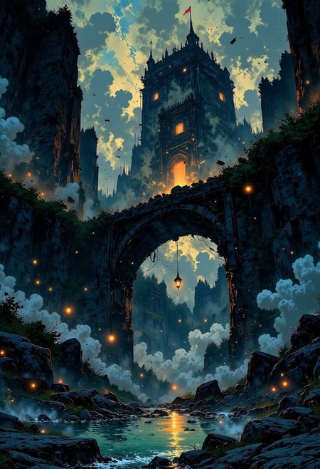 The Abyss Below – Floating Ruins & Bottomless Darkness
"Towering ruins of a forgotten empire float over an abyss of pure darkness, their stone bridges crumbling into nothingness. The sky above is cracked, revealing glimpses of something vast and writhing beyond reality. Black tendrils of mist rise from the abyss, coiling around the shattered remnants of temples and towers, whispering in forgotten tongues. The only light comes from ghostly, flickering lanterns hanging from rusted chains, suspended over the void."
