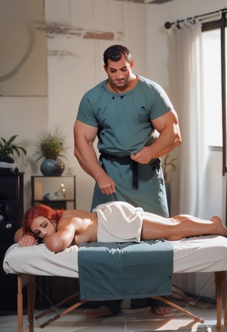 score_9, score_8_up, score_7_up, score_6_up, score_5_up, best quality BREAK beautiful (chubby:0.8) woman, therapeutic massage from an athletic man wearing scrubs, she has red hair, massage room, spa room, full body, she is face down on the massage table, (her body is covered with a sheet from her shoulders down to her feet), SFW