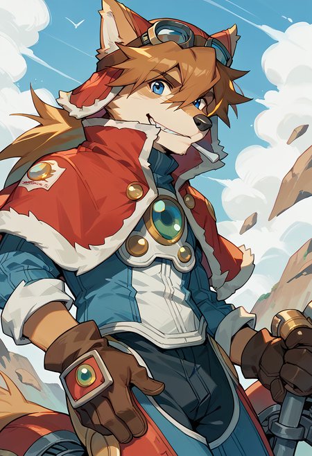 score_9, score_8_up, score_7_up, high res, best quality, red_savarin_solatorobo, furry, goggles, solo, 1boy, blue eyes, brown hair, gloves, capelet, <lora:Red_Savarin_Solatorobo:1>