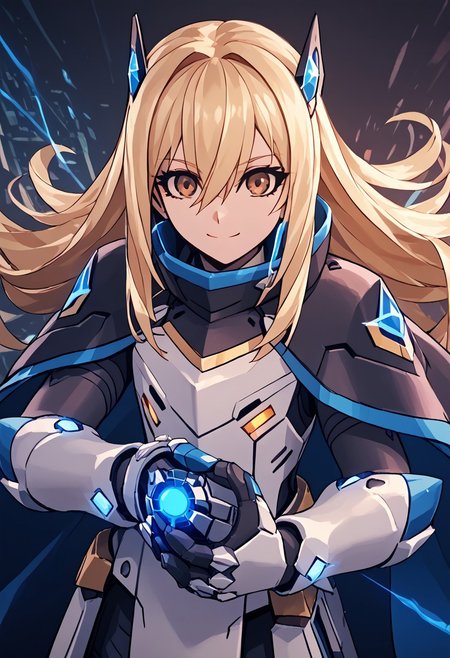 score_4,score_5,score_6,score_7_up,score_8_up,score_9
((masterpiece,best quality,ultra detailed,highres,HD,4k:1.2)),
Azure Striker Gunvolt(Main),shining highlights,
1girl, solo, girl focus,solo focus,face focus,
asukatj_def, brown eyes, blonde hair, long hair, hair between eyes, 
cape, cloak, armor, spikes, gauntlets,
smile,light smile,