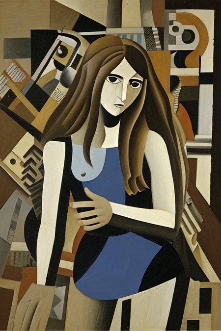 ((cub1 artstyle)), a girl, long hair, breasts, light brown and black, cubism