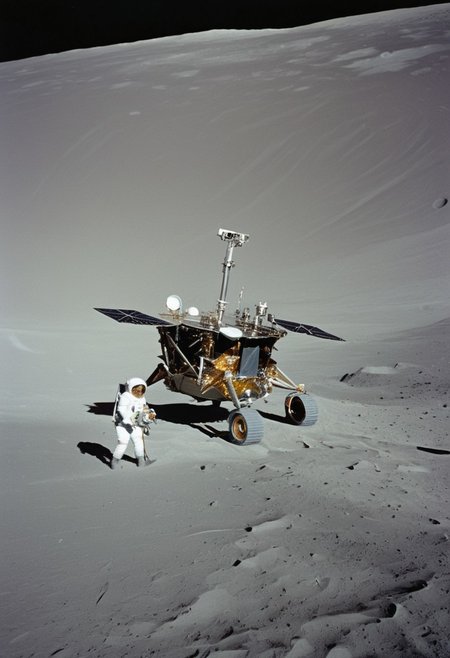The image captures a fascinating juxtaposition of space exploration and leisure. In the foreground, a lunar rover module is prominently displayed on the Moon's surface. The rover, equipped with various scientific instruments and robust wheels designed for traversing the lunar terrain, has astronauts on board, fully suited in their space gear. They are busy conducting experiments and collecting samples, their presence emphasizing the serious nature of the mission.
However, in the background, an unusual and whimsical scene unfolds. Two individuals, dressed casually, are seated on lounge chairs under a beach umbrella. They appear relaxed, enjoying the unique and surreal experience of lounging on the Moon. Their setup includes typical Earthly leisure items, such as a cooler and possibly some refreshments, contrasting starkly with the barren, grey lunar landscape. The Earth hangs in the sky above them, a small but striking blue and white sphere against the vast blackness of space.