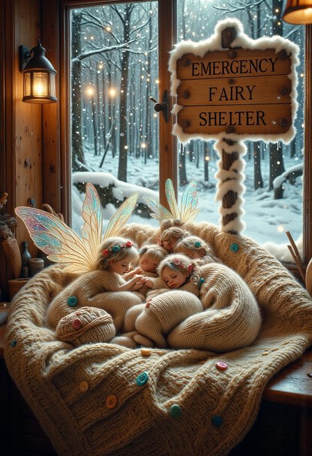 Extreme close up on 5 cute forest fairies curled up asleep, hugging together,inside a giant, knitted cashmere knitted sweater, getting warmer, nestled amongst soft yarn and colorful buttons. The fairy's delicate iridescent transparent large wings seem lightly frozen, The sweater is resting on an antique windowsill overlooking a snowy winter landscape. Outside, a large wooden sign on a post covered by snow says "EMERGENCY FAIRY SHELTER".Soft, warm light streams in from the window, creating a cozy and inviting atmosphere. aidmaMJ6.1, fairyforestlora