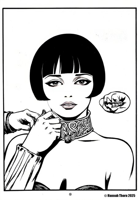 A black and white line drawing of a young woman with a short bob haircut, wearing a choker with an ornate design. She is facing the viewer with a serious expression. A hand is holding her hair with one hand, guiding her. The background is a simple gradient. The drawing is in a square frame.<lora:_Flux\Crepax_Valentina.safetensors:1.0:1.0> <lora:_Flux\Flux_Crepax.safetensors:1.0:1.0>