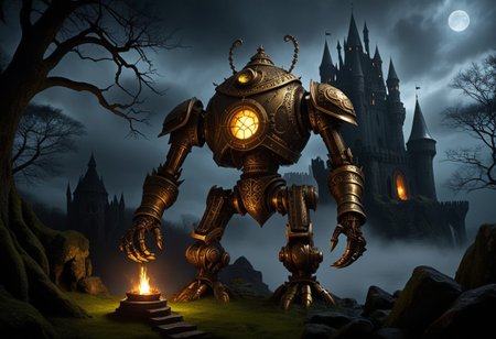 giant bipedal robot brass and dark yellow striped paint, bronze paisley robot. lacy robot metal. crawdad helmet head. outside of a steampunk keep. large detailed torso. dark image. one forty foot tall ancient robot with great arms and two heavy spring legs. dark foggy night background. $dark foggy night image only. dark photo realistic image. steampunk details. cogs, chains and pipes incorporated in the fantasy buildings. magic wizards tower in background. Dark swamp, moss, castle ruins, wizards tower. stormy dark night.  stormy sky.  flaming spooky trees