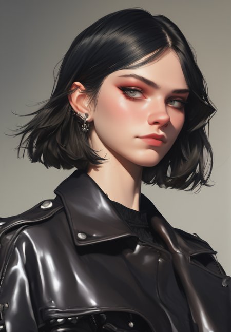 score_9,score_8_up ,1girl, Medium close up shot, pretty face, manic pixie, <lora:Manic_Pixie:1> black hair, leather jacket, <lora:kyuyong:0.6> kyuyongeom