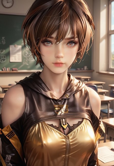 score_9_up, score_8_up, score_7_up, REALISTIC, 1girl, LILY ARTEMIS II (STELLAR BLADE), student unifrom, student, classroom, setting, fullbody