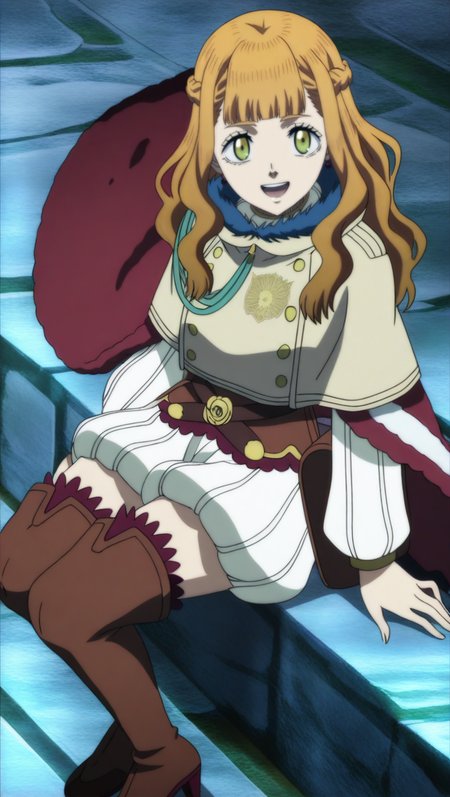 source_anime, masterpiece, best quality, amazing quality, anime screencap, high quality, 8k, absurdres, official style, 1girl, solo, sitting on ledge, :d, looking at viewer, <lora:Mimosa_Spade_iL:1>, m1m054 spade, long hair, brown hair, green eyes, bangs, braid, french braid, magic knight outfit, beige capelet, white sweater, brown corset, white puffy shorts, thighhighs, thigh boots, high heels, cape, zettai ryouiki,