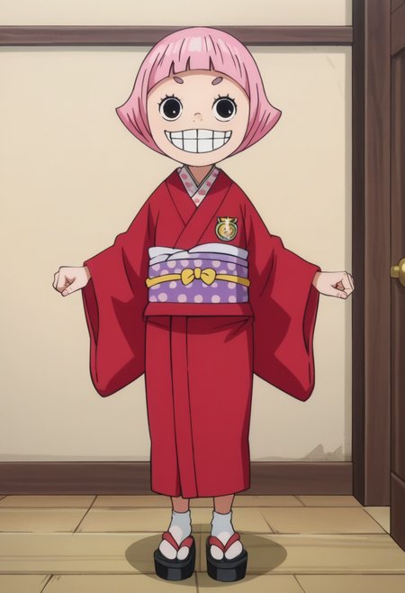 source_anime,anime screencap, anime coloring,intricate details,rating_explicit, masterpiece, best quality,
(best quality, absurd res, ultra detailed),,(4 finger:0.5),1girl, ((solo)), good eyes,perfect eyes,,detailed eyes, zPDXLxxx , zPDXL3,detailed, detailed face
BREAK
solo,indoors,full body,standing,
toko, pink hair, blunt bangs, Japanese clothes, red kimono,
smile,grin,
, <lora:add-detail-xl:2> <lora:toko:0.8>