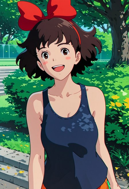 ZPDXL3, score_9, score_8_up, score_7_up, score_6_up, score_5_up, score_4_up, 
1girl, medium breasts, solo, 
shorts, tank top, park, running, smile, 
majokiki, dark brown hair, brown eyes, blush, hairband, red hair bow,