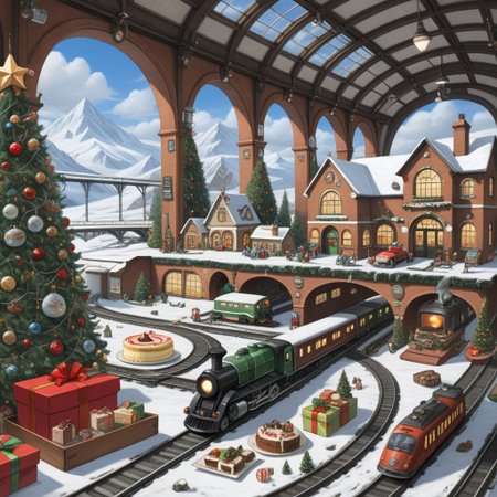 On the grownd in the living room [train station, bridge, window, science fiction, traditional media, motor vehicle, day, vehicle focus, road, gift, railway, christmas, food, cloud, box, cake, fireplace, plant, weapon, snow]