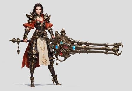 score_9, score_8_up, score_7_up, rating_safe, concept art, semi-realistic, 1girl, solo, 
Young beautiful face, fit body, 
HHWeapon, Holding weapon, ((Huge weapon)),
Holding weapon with two hands.
Fantasy gun. Plasma gun.
Simple background.