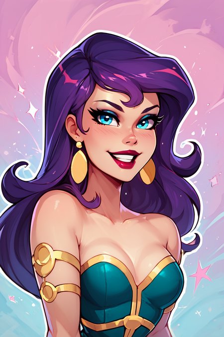 score_9, score_8_up, score_8, medium breasts, (curvy), cute, eyelashes,       BREAK, , ,,,    zzCirce, blue eyes, purple hair, long hair, bare shoulders, jewelry, earrings, makeup, lipstick, cleavage,  ,<lora:Circe_JLU_PDXL:1.0>,   ,,, , BREAK, smile, looking at viewer, ,,, abstract background, white outline, cowboy shot, ,,, embedding:zPDXL, Expressiveh, ,,, <lora:CatalystStylePDXL:0.6>, <lora:SDXLFaeTastic2400:0.5>, <lora:Expressive_H-000001:0.4>,