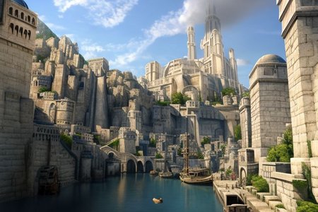 (masterpiece:1.2), (best quality,:1.2), 8k, HDR, ultra detailed, ((photorealistic)), professional light, cinematic lighting, fashion photography, ambient lighting, atmospheric effects, Numenor, a medieval fantasy harbour, some big ships, big statues, towers, walls, <lora:Numenor-10:1>, in the style of Middle Earth, Tolkien, Minas Tirith, epiCPhoto