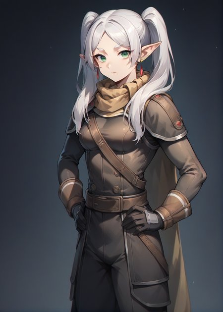 full body,dark background,<lora:frieren_nereirfpnxl_pony_v2:0.8> nereirfpnxl, frieren, pointy ears, long hair, elf, earrings, green eyes, twintails, looking at viewer, white hair, closed mouth, medium breasts, <lora:Cayde-6_PonyXL:0.65> armor, scarf, cape, black gloves, hood, skin tight, hands on waist,, BREAK score_9, score_8_up, score_7_up, score_6_up, score_5_up,