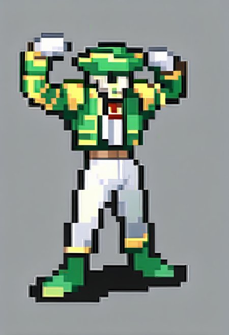score_9, score_7_up, source_anime, 1boy, flexing, <lora:FEGBA-SpritesV2-pdxl_Fp:1> simple background, pixel art, full body, <lora:zs_MatadorXL:1> matadorsmt, hat, skull, green jacket, white ascot, white pants, white gloves, green boots